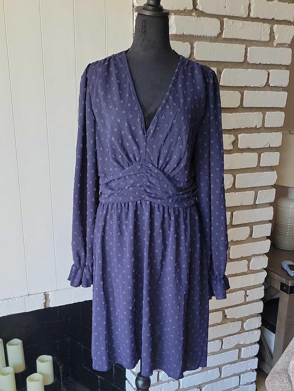 Shein - Women's Navy Blue Long-Sleeve V-Neck Dress